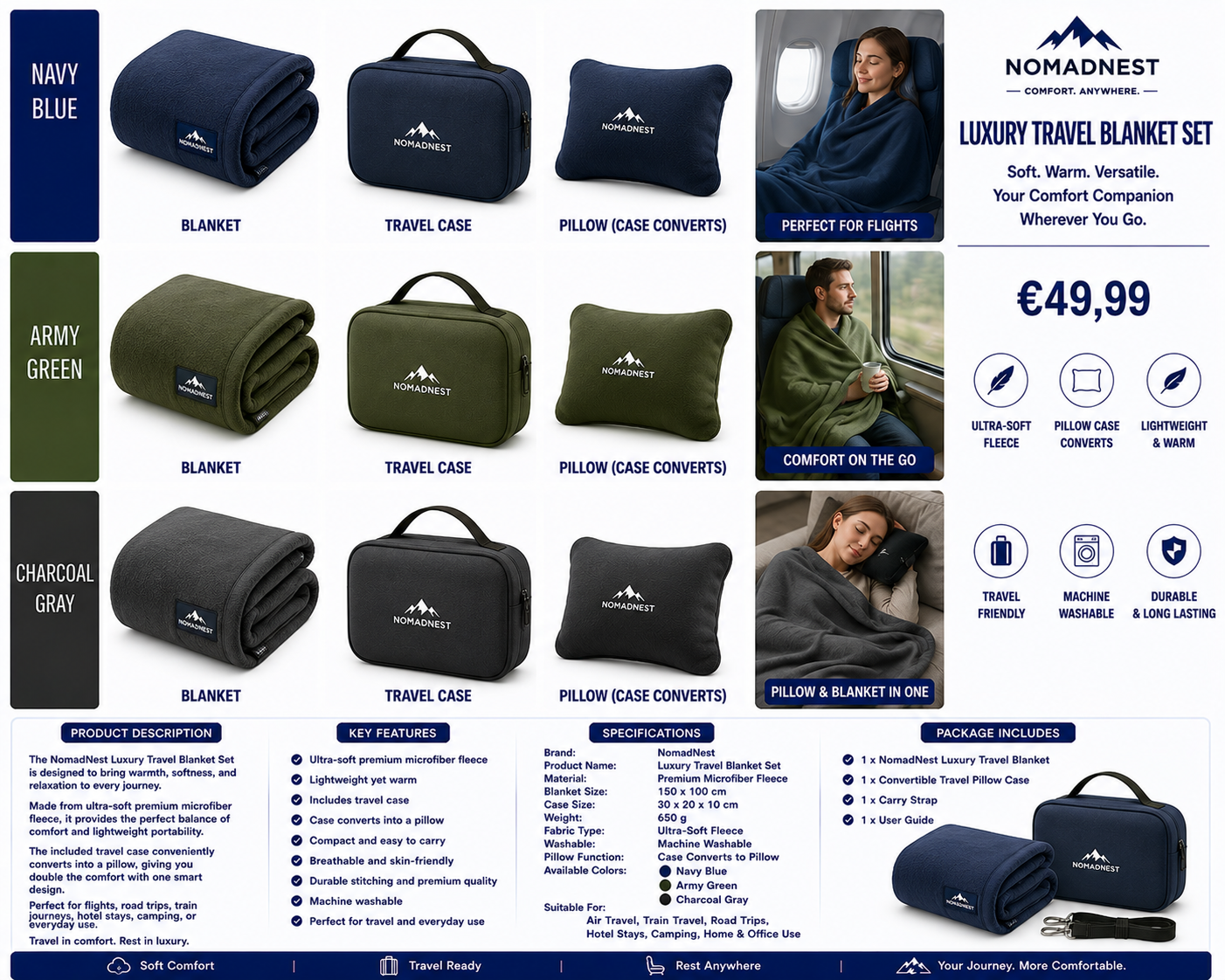 NomadNest Luxury Travel Blanket Set