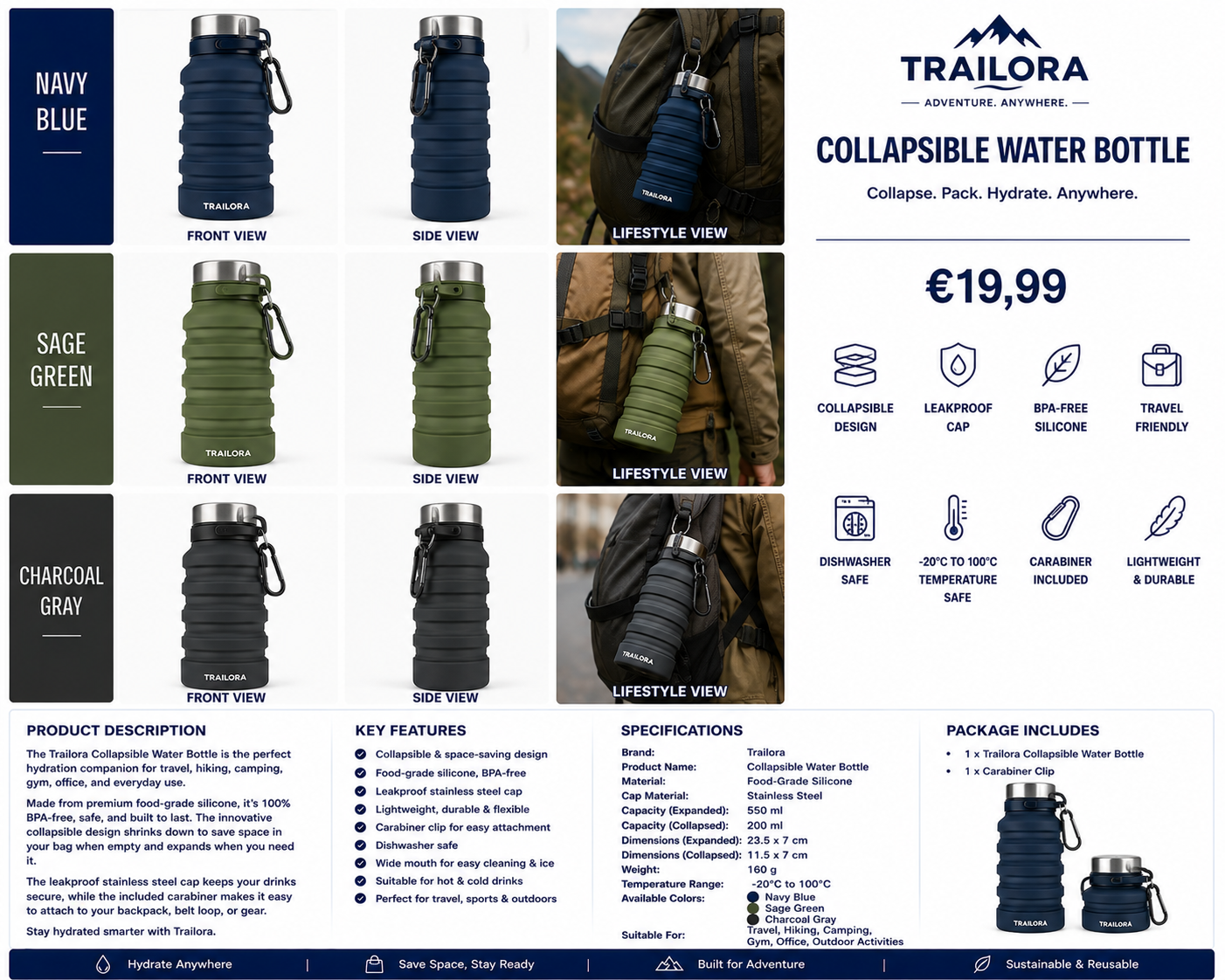 Trailora Collapsible Water Bottle