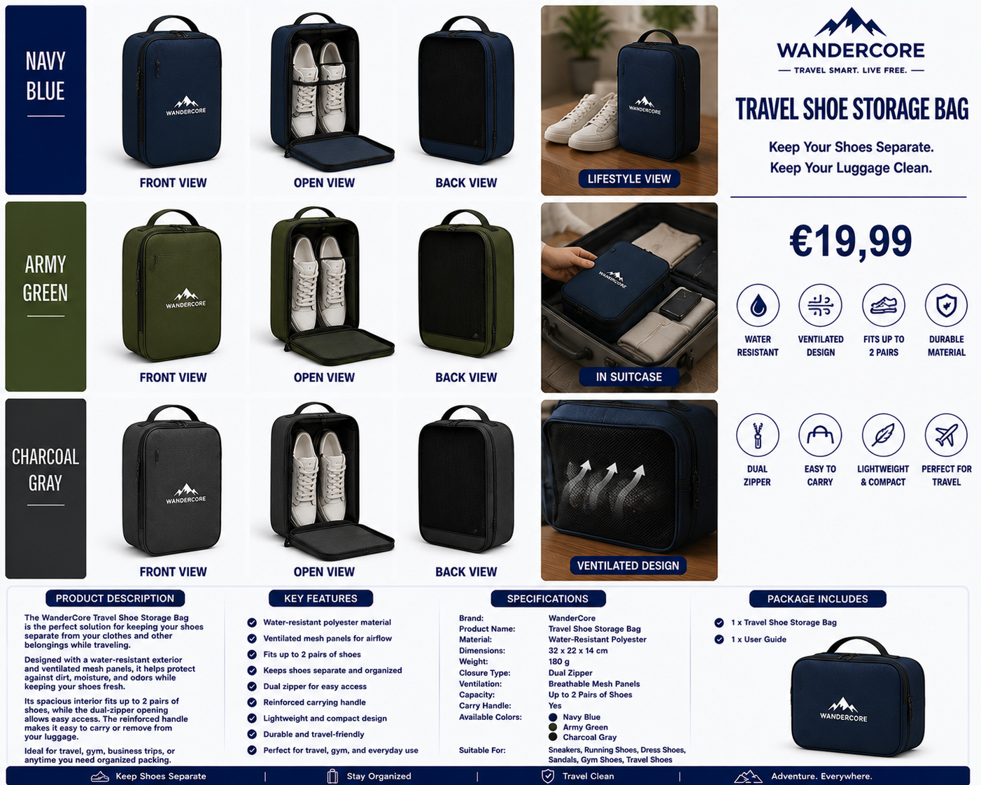 WanderCore Travel Shoe Storage Bag